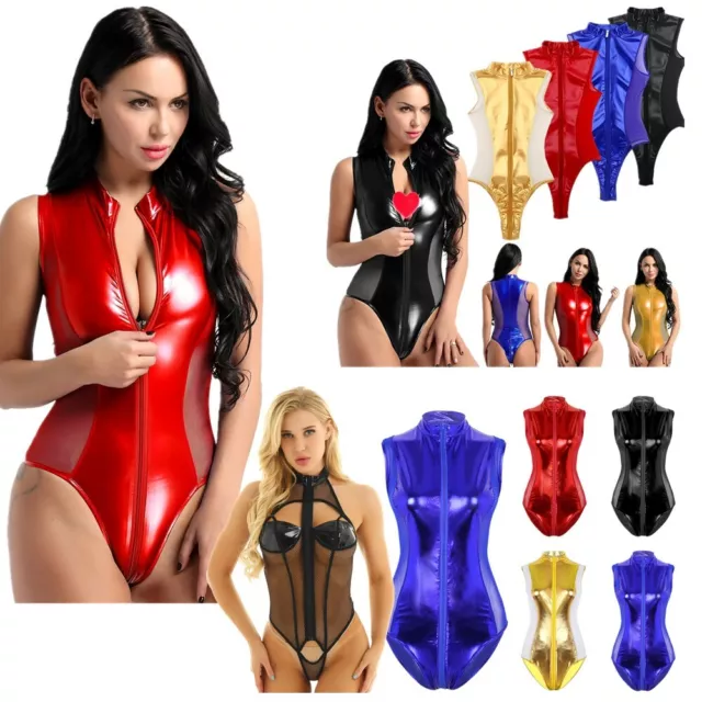 Damen Glänzendes Leder ärmellos Body Reißverschluss hoch geschnittene Tangas Trikot Catsuit 3