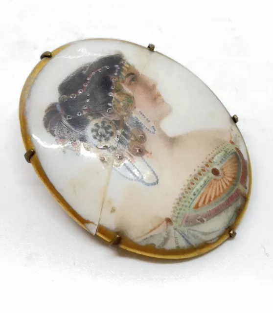 Antique Victorian Cameo Portrait Brooch Hand Painted Porcelain-Hairline Crack