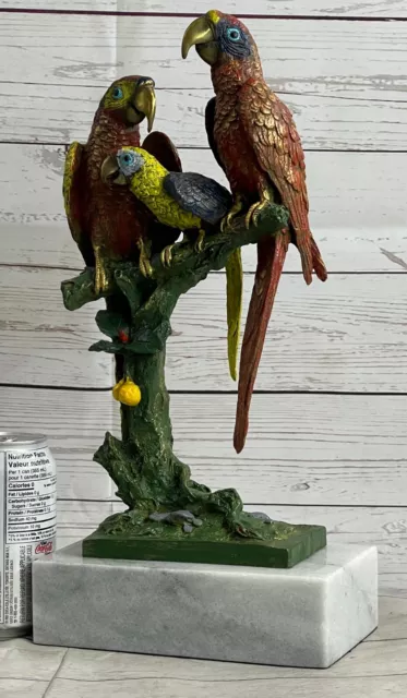 Brass Bronze figurative Parrot Multi Color Patina Wht Marble Stunning Decorative 2