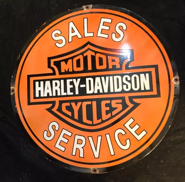 Vintage HARLEY-DAVIDSON SALES & SERVICE PORCELAIN SIGN Rare Advertising 30" Dia.