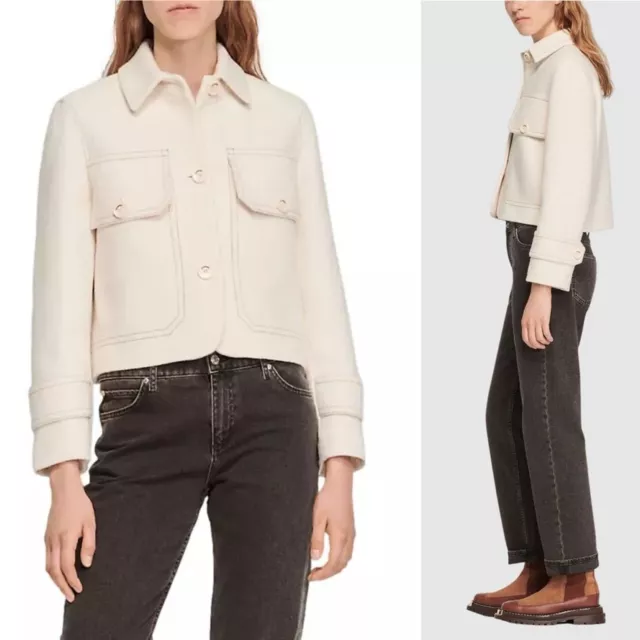 NEW Sandro Paris Dakota Contrast Stitch Tweed Short Lady Jacket Ecru Size 40 NWT
