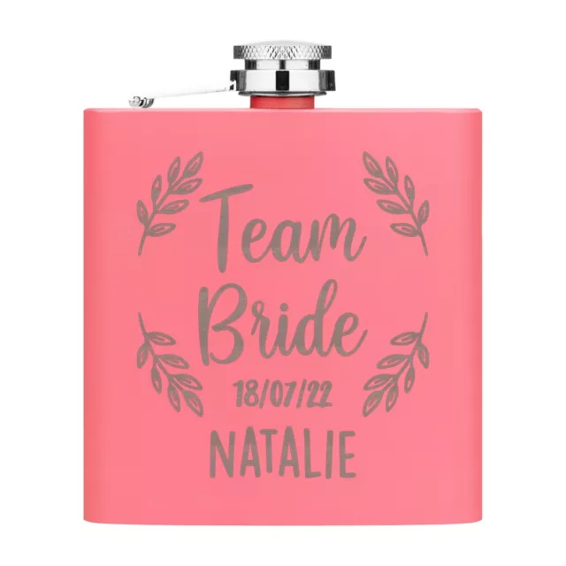 Personalisiert Team Braut Name Datum 170ml Flachmann Matt Pink Metall Hen Do