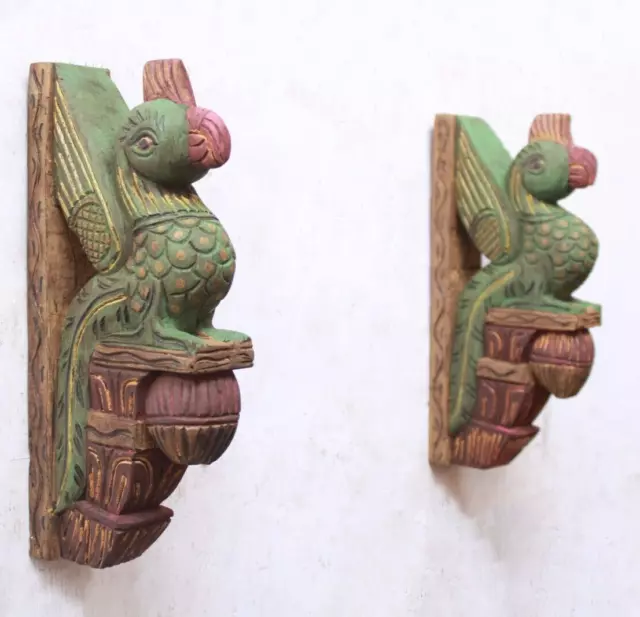 Wooden Wall Bracket Bird Corbel Pair Peacock Statue Vintage Home / Garden Decor