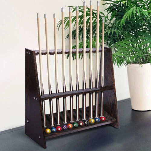 Support Rangement Pour 10 Queues De Billard/Snooker - Rack En Bois Brun - Neuf