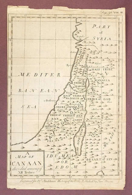 1750s Original Antique Map of Canaan Divided Among XII Tribes - M. Stackhouse