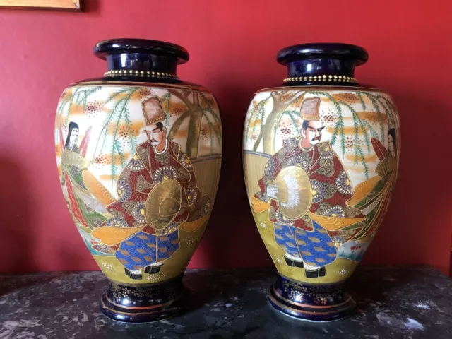 Large Pair of Antique signed cobalt blue gilded Meiji Satsuma vases H 12"