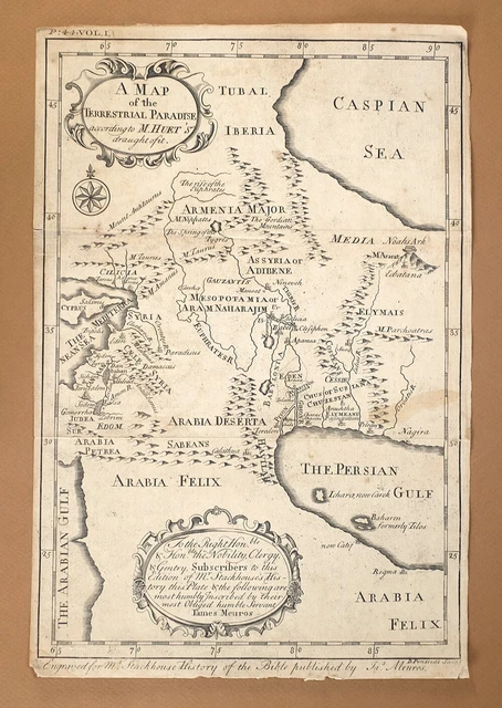 1750 Original Antique Map of the Terrestrial Paradise - M. Huet / M. Stackhouse