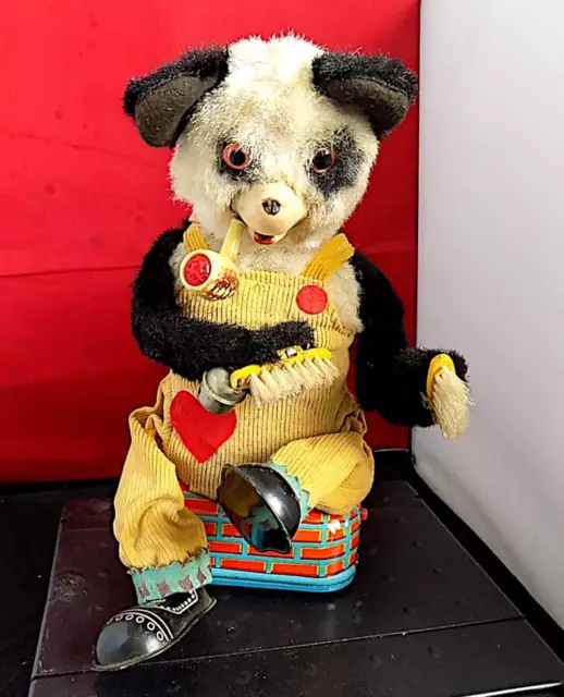 Vintage Tin Battery-Operated Smoking & Shoe Shining Panda Bear, Alps, Japan. AF