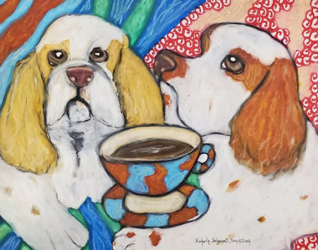 CLUMBER SPANIEL Drinking Coffee 13x19 Folk Art Print Animal Collectible