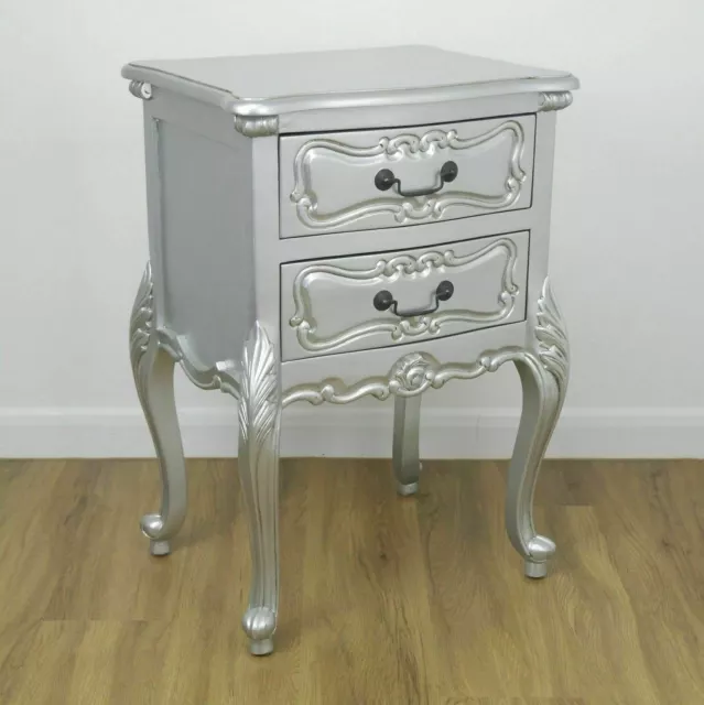 French Rococo Silver 2 Drawer Hand Carved Mahogany Wooden Bedside Table