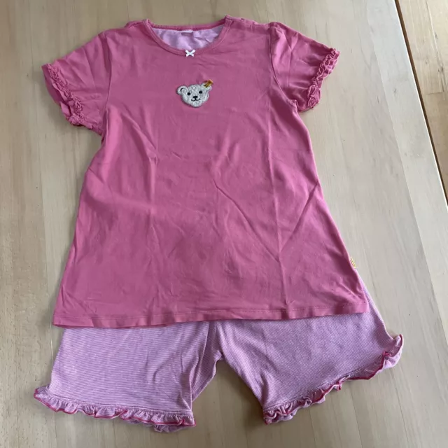 STEIFF Schlafanzug kurz TEDDY bestickt Rüschen Baumwolle Pyjama rosa rot Gr.140
