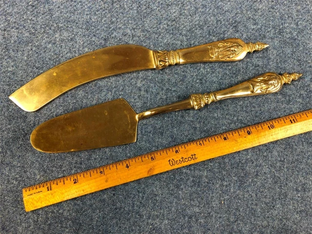 Vintage Brass Siamese Thai Knife & Cake Pie Server Serving Set 3 Elephants