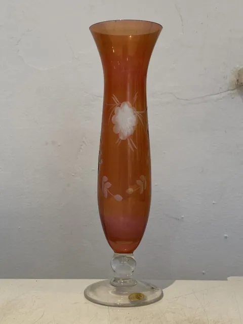 Vintage Red Glass Skinny Vase With Flower Design Decorative Ornament Pair