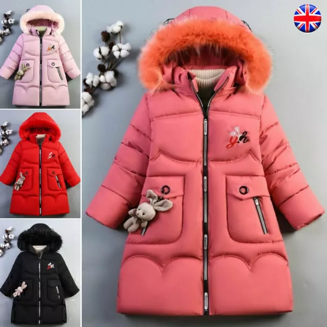 Girls Winter Hooded Coat Thick Padded Parka Long Jacket Fur Cotton Warm Outfit