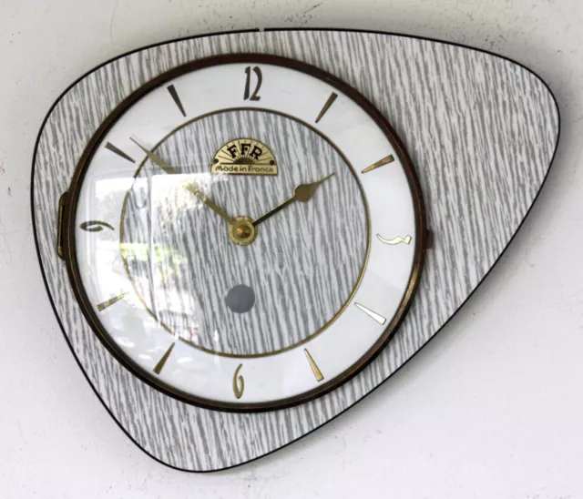 Vintage 24cm FFR Formica Wall Clock - French Retro Mid Century Atomic Grey Gift