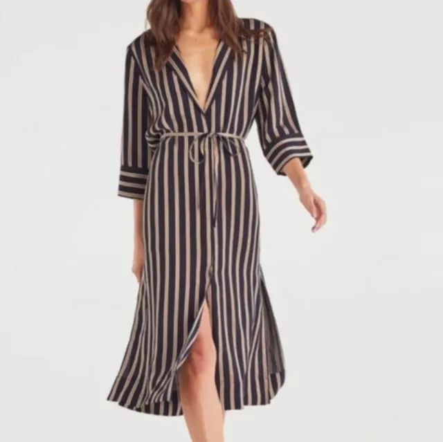 NWT 7 For All Mankind Button Front Shirt Dress, Black Striped Midi Dress $325