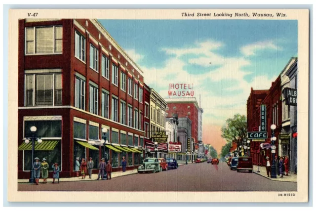 c1940 Busy Day Third Street Looking North Wausau Wisconsin WI Unposted Postcard