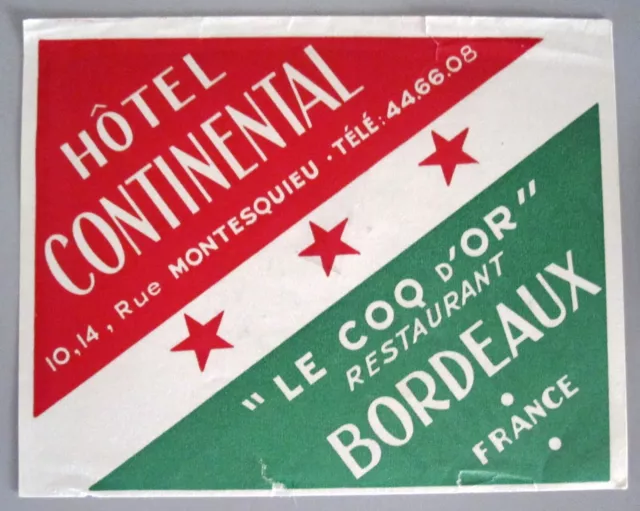 FRANCE BORDEAUX CONTINENT Hotel Decal Luggage Label Sticker Aufkleber ...