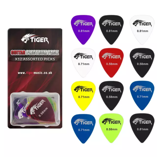 Tiger Guitar Plectrums - 12 Gel Guitar Picks, 0.58mm, 0.71mm, 0.81mm Gauges