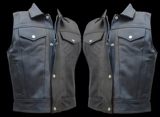 Cut Off Full Real Leather Motorcycle Motorbike Trucker Western Waistcoat Vest