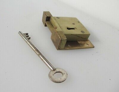 Vintage Brass Cabinet Lock Cupboard Chest Door Bolt Iron Key Old Antique