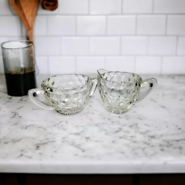 Jeannette Depression Vintage Clear Glass Creamer & Sugar Bowl Cubist Pattern