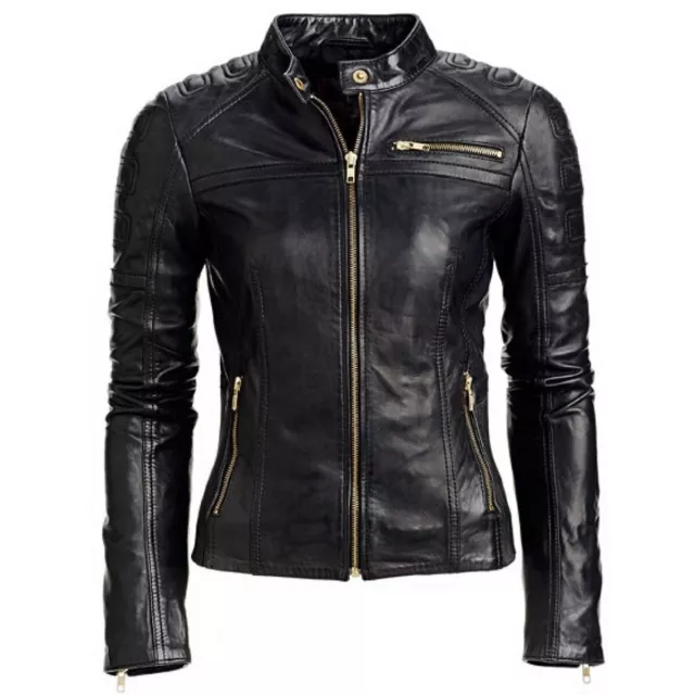 Black Women's Slim Fit Biker Style Real Leather Jacket