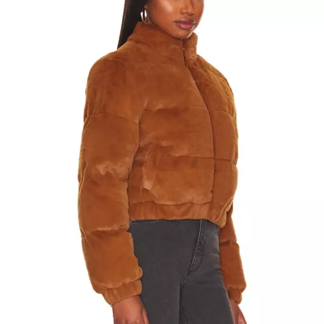 Superdown Adalynn Cropped Faux Fur Puffer Jacket Brown Camel SMALL Mob Wife NEW 3
