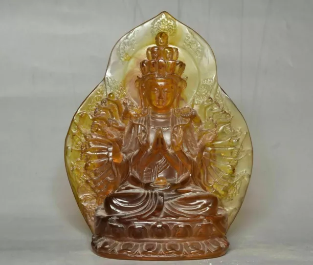 5.2" Chinese Buddhism Amber Carved 1000 Arms Avalokiteshvara of Goddess Statue