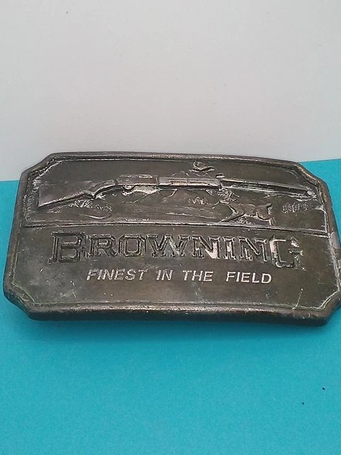 Vintage Browning Brass Belt Buckle Rifle & Deer Buck Indiana Metal Craft