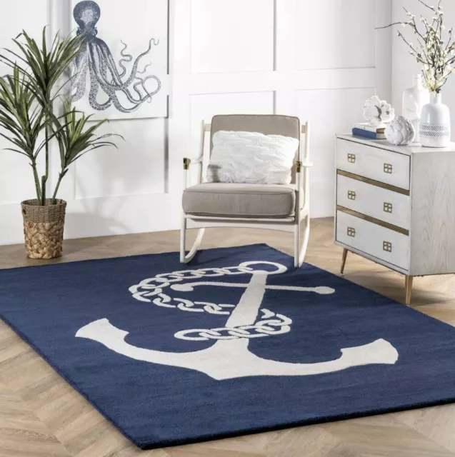Nautical Anchor Navy Blue Hand-Tufted 100% Wool Soft Area Rug Carpet