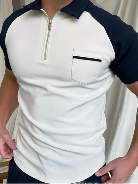 Camisa Polo Hombre Cremallera Cuello 2 Tonos Azul Marino Blanco Contraste Golf