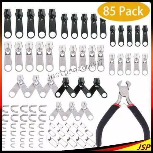 85Stk Reißverschluss Reparatur Set Zipper Schieber Metall Repair Ersatz & Zange