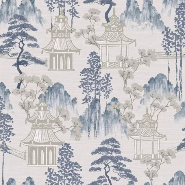 Arthouse Japanese Pagoda Blue Grey Wallpaper Floral Oriental 924803