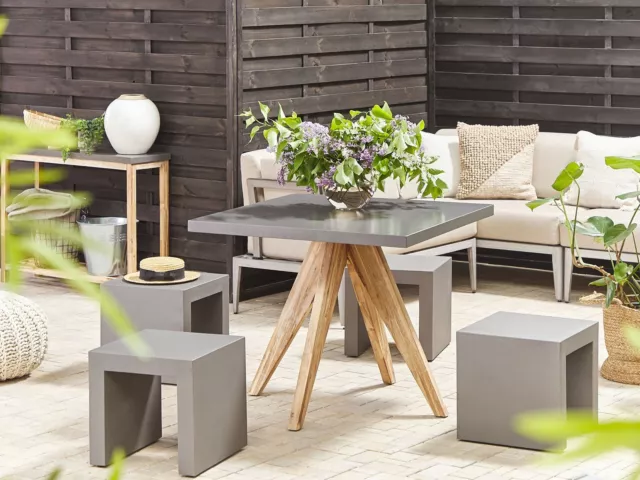 Gartenset Tisch 200x100 cm 8 Hocker Betonplatte Akazienholz Rustikal grau Olbia 2