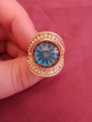 Gold Plated Tartan Blue Pink And white With Crystal, Size Adjustable Ring