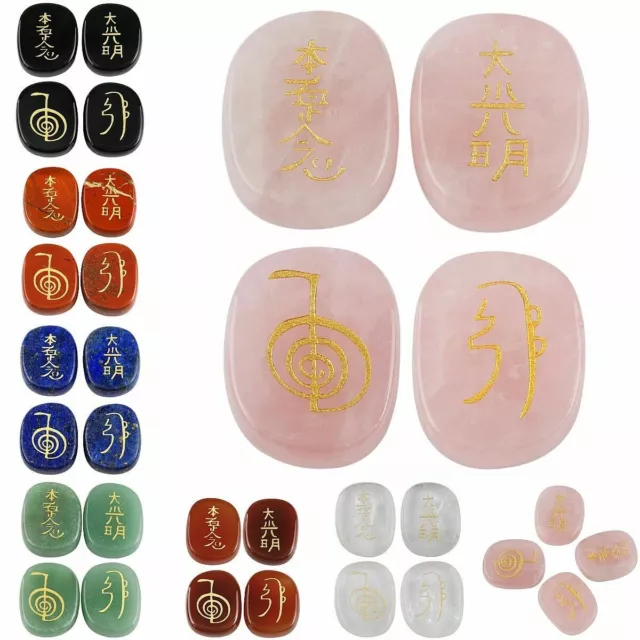 Healing Crystal 4pcs Engraved Chakra Symbol Gemstone Palm Stone Reiki Balancing