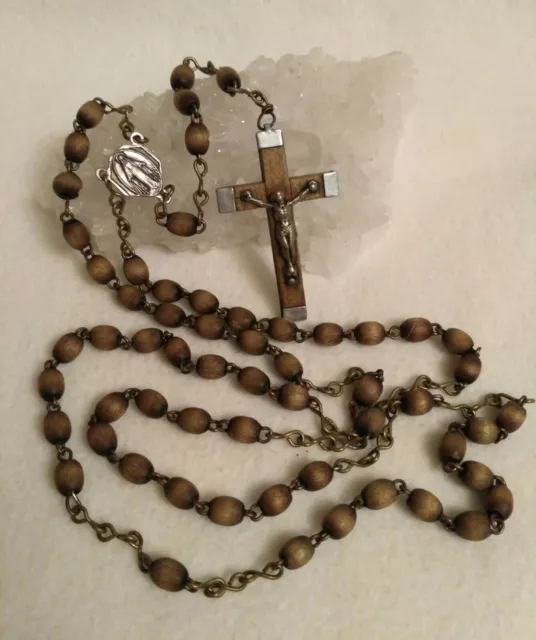 VINTAGE CATHOLIC ROSARY Wood Beads Prayer Religious Cross Silver Tone