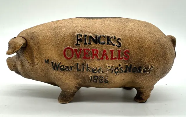 Fincks Overalls Piggy Bank Cast Iron Metal 3lbs Patina 7" Wear Like a Pigs Nose