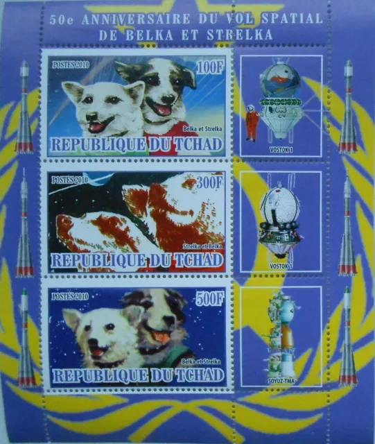 Belka Strelka first dogs astronauts space m/s #2 Tchad Chad MNH #tchad2010-15