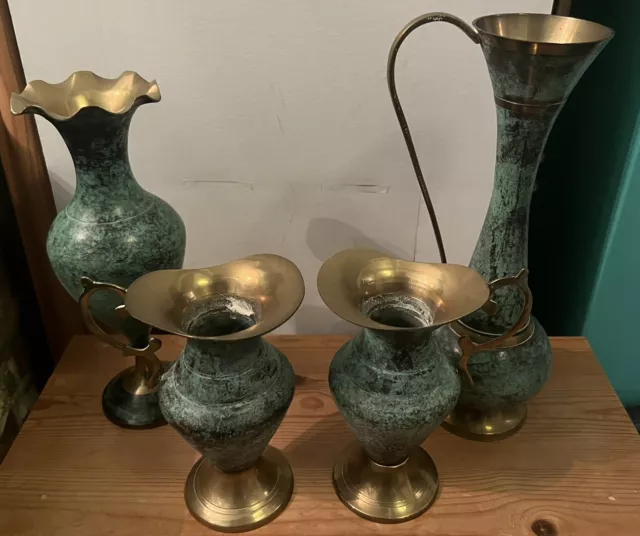 Vintage Indian Brass Jugs & Vase Set With Green Aged Appearance Tallest 28cm