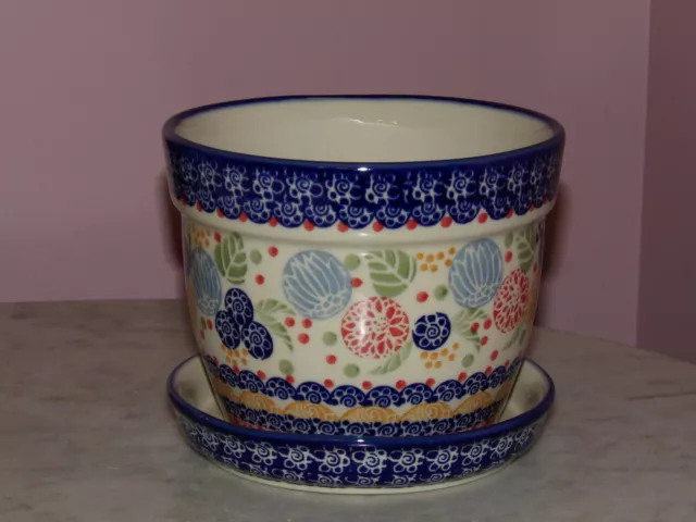 Polish Pottery Small Flower Pot with Saucer! UNIKAT Signature Paper Lanterns!