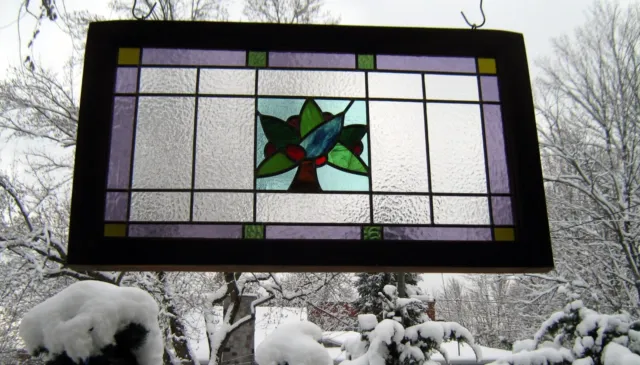 large leaded framed stained glass panel transom*antique wooden window decor art 5