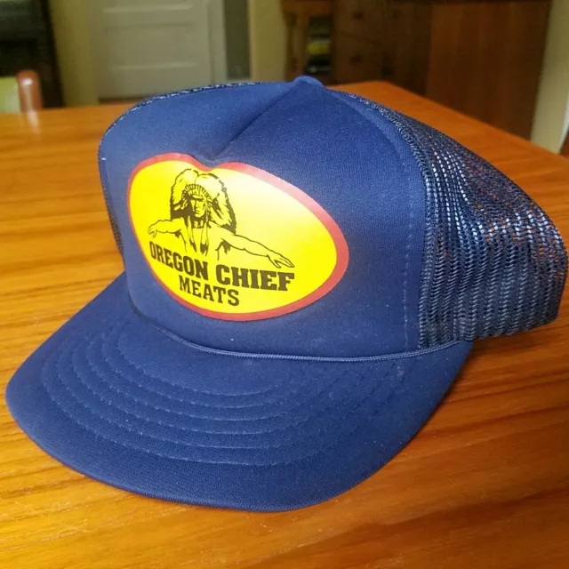 Vintage 90's Oregon Chief Meats Trucker Hat Cap Foam Snapback Blue Indian Chief