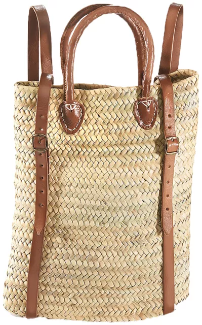 Korbrucksack Rucksack Tasche aus Palmblatt mit Lederriemen und Griffe 30x40 cm