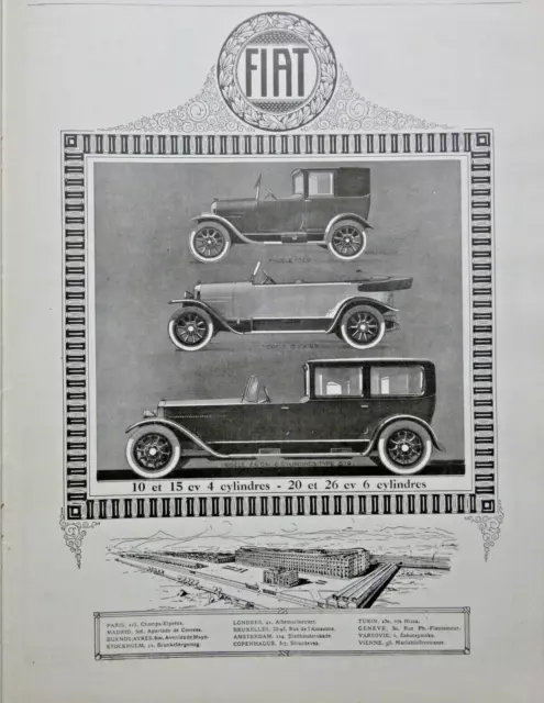 PUBLICITÉ PRESSE 1925 AUTOMOBILES FIAT 10 et 15 cv 20 et 26 CYLINDRES