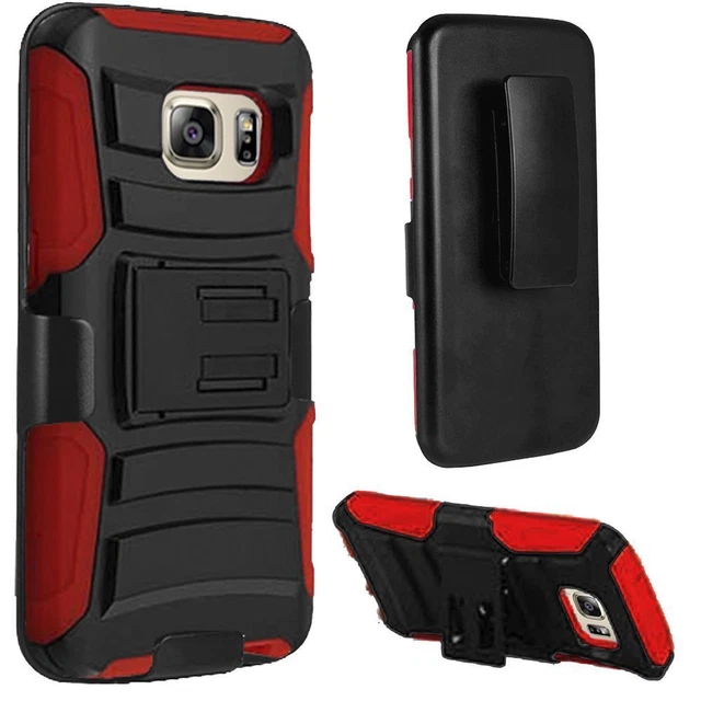 For Samsung Galaxy S7 Edge Hybrid Side Kickstand With Holster Clip - Black+Red
