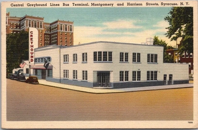 1940s SYRACUSE, New York Postcard GREYHOUND BUS TERMINAL Street View / Linen
