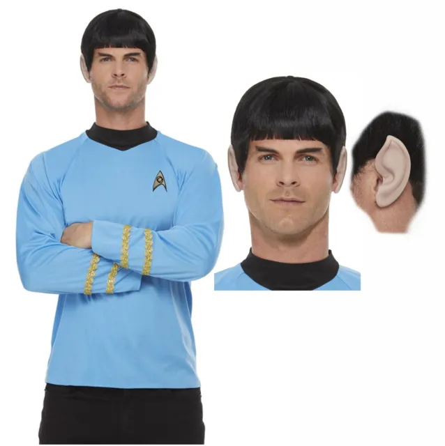 Star Trek offizielles spockblaues Shirt Top Uniform 60er Jahre Kostüm Opt Perücke + Ohren