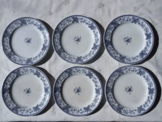 6 assiettes Minton & Co Crane Bill 1877 faïence blanche motifs bleu 9,2'' 23cm 2